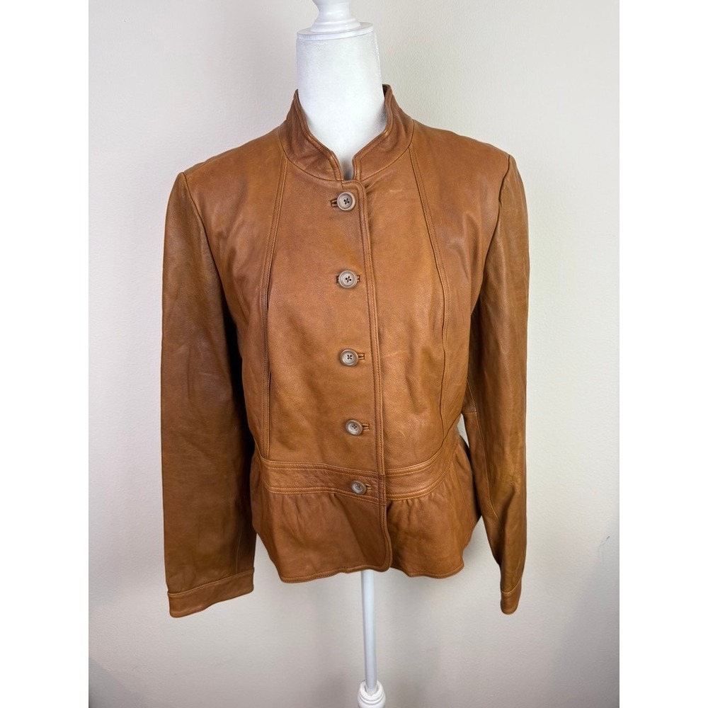 Womens ANA Cognac Brown Leather Peplum Jacket Mock Neck Button Front Size XL